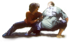 Jan Parker and Sam Masich in low stance Tai Chi push hands